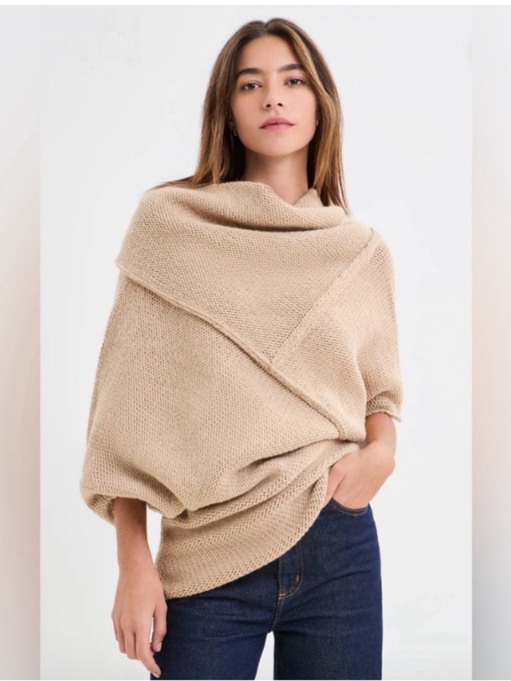 Marcella Palmer knit sweater poncho top size XL beige wool blend
